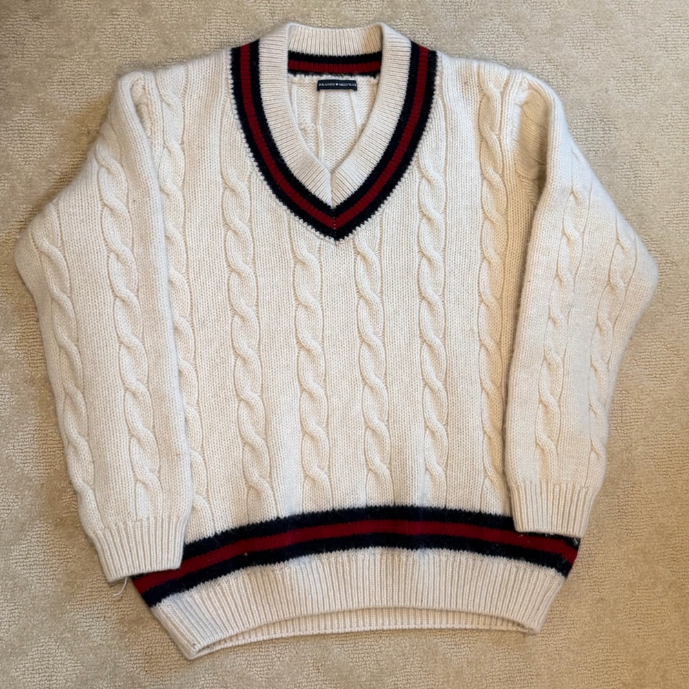 Brandy Melville Cream V-Neck Sweater with Blue and Red Trim